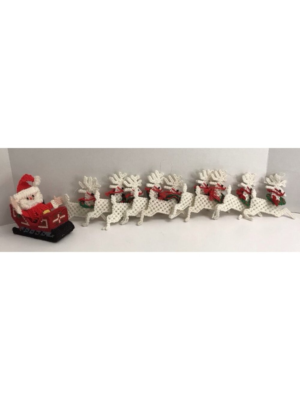 Vintage Handmade Santa Sleigh & Reindeer Plastic Canvas Needlepoint